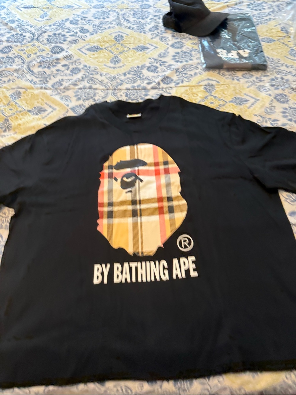 Bape Men’s Black Tee with Yellow Plaid Ape Logo